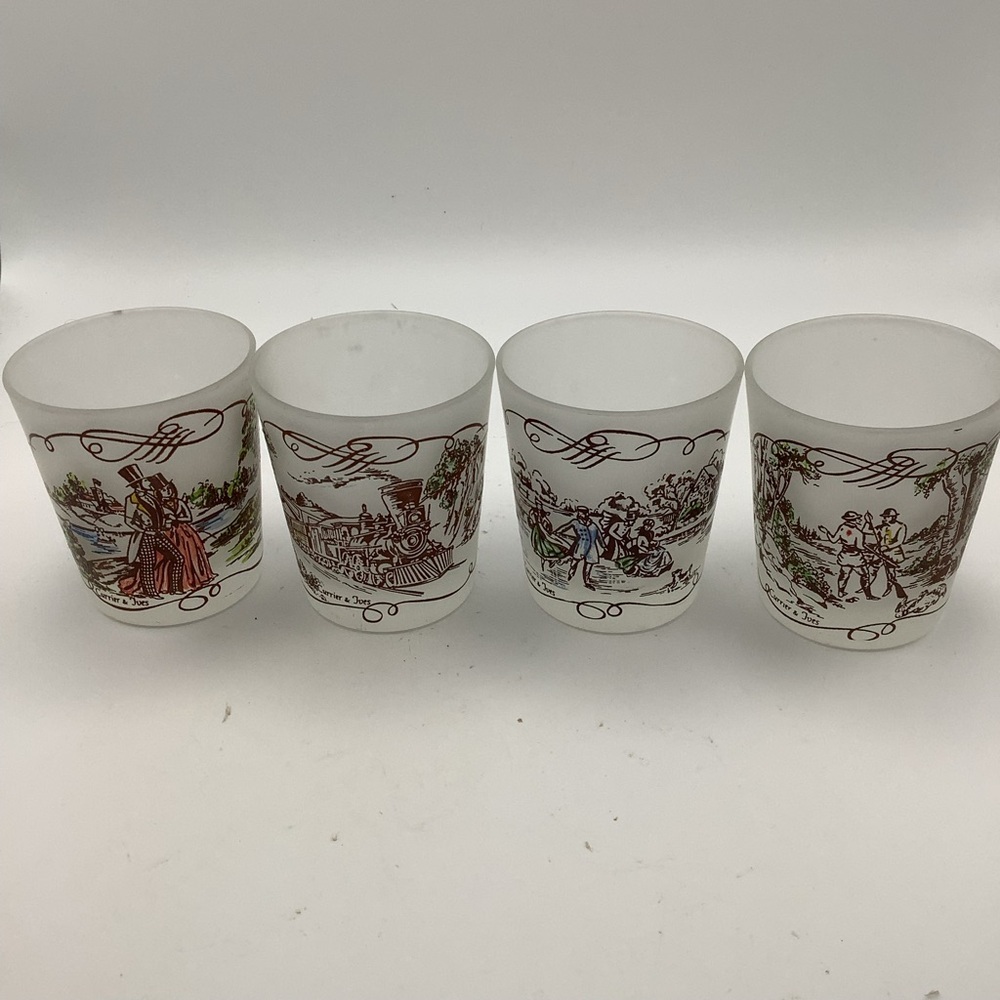 Four Currier & Ives Frosted Painted Glasses